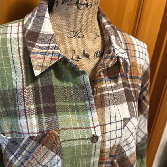 LoveRiche Oversized Plaid Green and Brown Flannel Cut Off Shirt - Picture 2 of 12